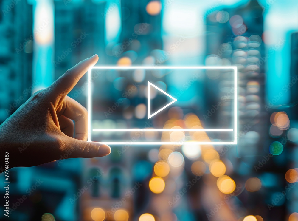 Poster Hand interacting with a translucent play button hologram, cityscape bokeh background, concept of futuristic technology. Generative AI