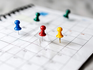 Colorful pushpins on a calendar, symbolizing planning and scheduling, with a focused and blurred background, Generative AI. Generative AI