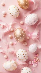 Fototapeta na wymiar Decorative Easter eggs with candy and pink ribbons on a pastel background
