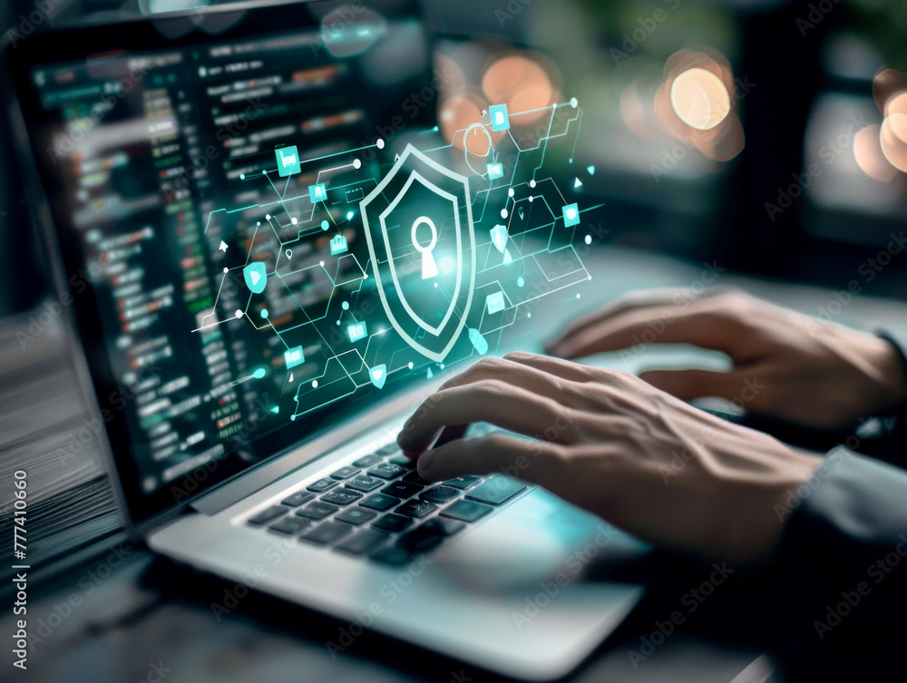 Aufkleber close-up of hands typing on a laptop with a cybersecurity concept overlay, digital illustration on a