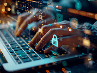 Hands typing on a laptop keyboard with cybersecurity icons overlaid, set against a dark blue techno-inspired background, illustrating the concept of digital security. Generative AI
