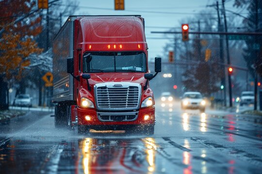 Wet weather transportation: Red semi-truck navigating rainy roads with cargo