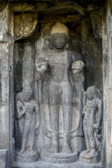 Ajanta caves, a UNESCO World Heritage Site in Maharashtra, India. Sculptures on the facade of cave nÂ°26