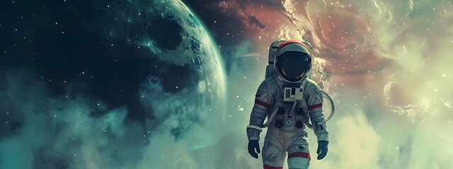 An astronaut in the vastness of space, with Earth visible in the distance, surrounded by stars and cosmic wonders in illustration design. - obrazy, fototapety, plakaty