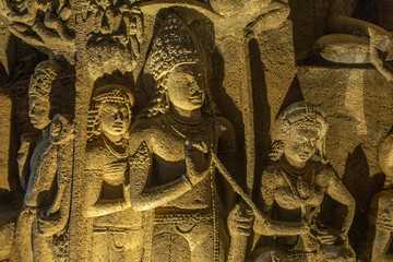 Ajanta caves, a UNESCO World Heritage Site in Maharashtra, India. Cave nÂ°26 sculptures - obrazy, fototapety, plakaty