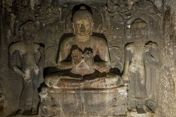 Ajanta caves, a UNESCO World Heritage Site in Maharashtra, India. Rock-hewn buddhist sculptures