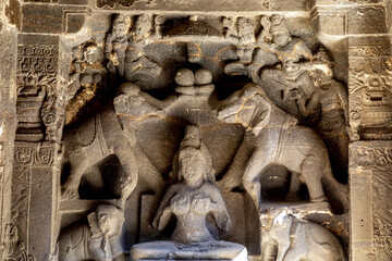 Ellora caves, a UNESCO World Heritage Site in Maharashtra, India. Monolithic statue in the Kailash...