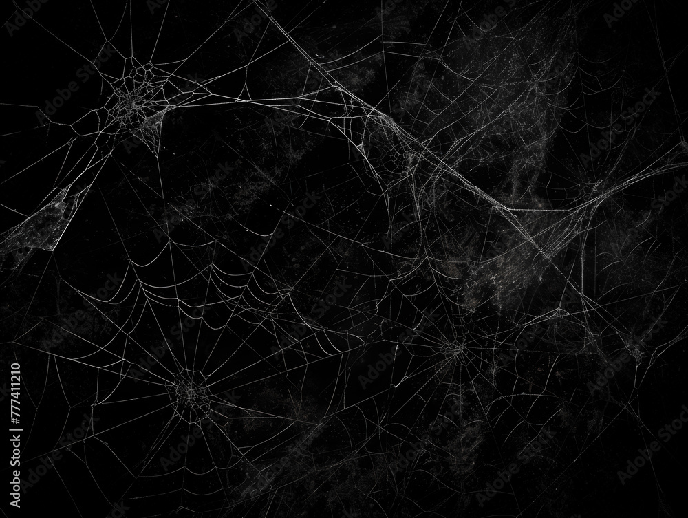Poster Intricate spider webs overlaid on a dark, textured background, portraying a concept of complexity or connectivity. Generative AI