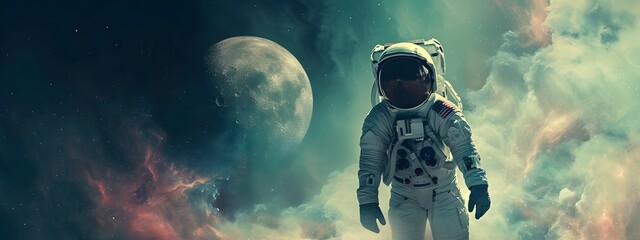 An astronaut in the vastness of space, with Earth visible in the distance, surrounded by stars and cosmic wonders in illustration design. - obrazy, fototapety, plakaty