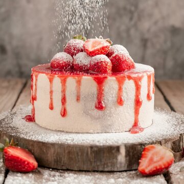 strawberry cake on a wooden table