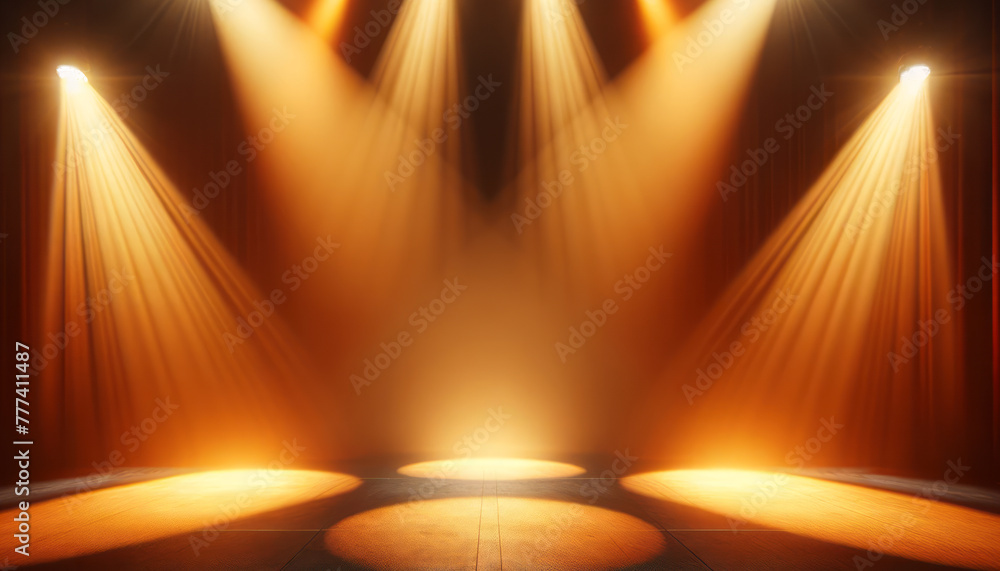 Poster An illuminated empty stage with spotlights and curtains, set against a dark background, concept of performance. Generative AI