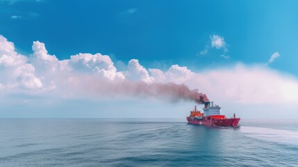 Red platform supply vessel on a bright day on the horizon in the blue sea