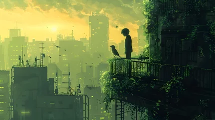 Fotobehang Anime Art Person Overlooking City in Junglepunk Style, To convey a sense of futuristic urban life with a touch of nature, suitable for use in © Wahab
