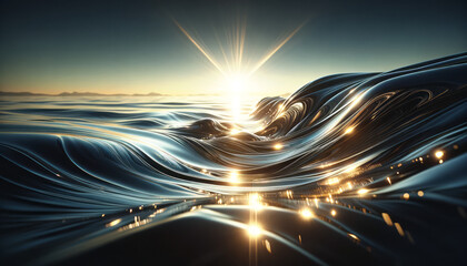 Golden sunrays illuminating fluid metallic waves, digital art, against a sunset skyscape, concept of serenity. Generative AI