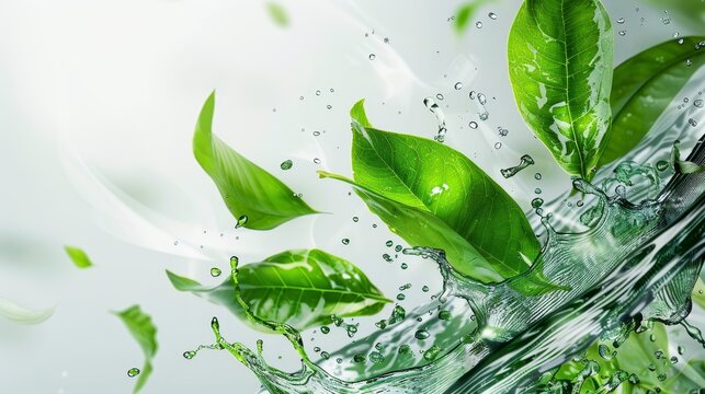green leaves and plants swirling dynamically in a beaker of water,