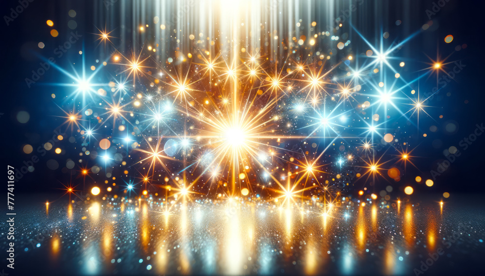 Poster a dazzling display of fireworks-like light effects on a dark and glittering background, symbolizing 