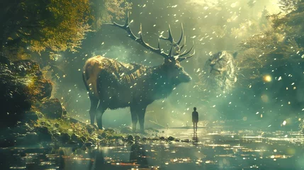 Zelfklevend Fotobehang Deer and Elf in Watery Woods, To provide a captivating and otherworldly visual for use in various creative projects, such as book covers, posters, © Wahab