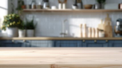 Blurred kitchen background with focused wooden surface in the foreground, a concept for interior design presentations, Generative AI. Generative AI