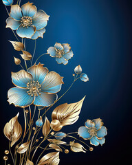 Abstract Gold and Blue Floral Background with Copy Space for Text