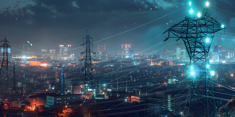 Modernizing Cities with High-Voltage Electricity Poles and Advanced Energy Grids - obrazy, fototapety, plakaty