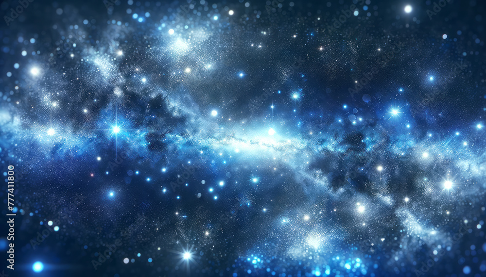 Poster a cosmic scene with glittering stars and nebula, depicted in a digital art style against a dark blue