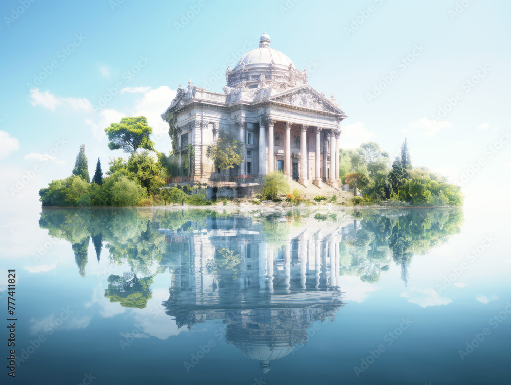 Poster a classical building surrounded by lush trees, reflected on a tranquil water surface, clear sky back