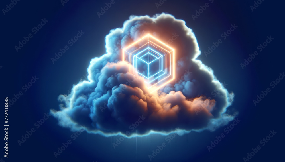 Poster a neon glowing cube inside a cloud, illustrated in a digital art style against a dark blue backgroun