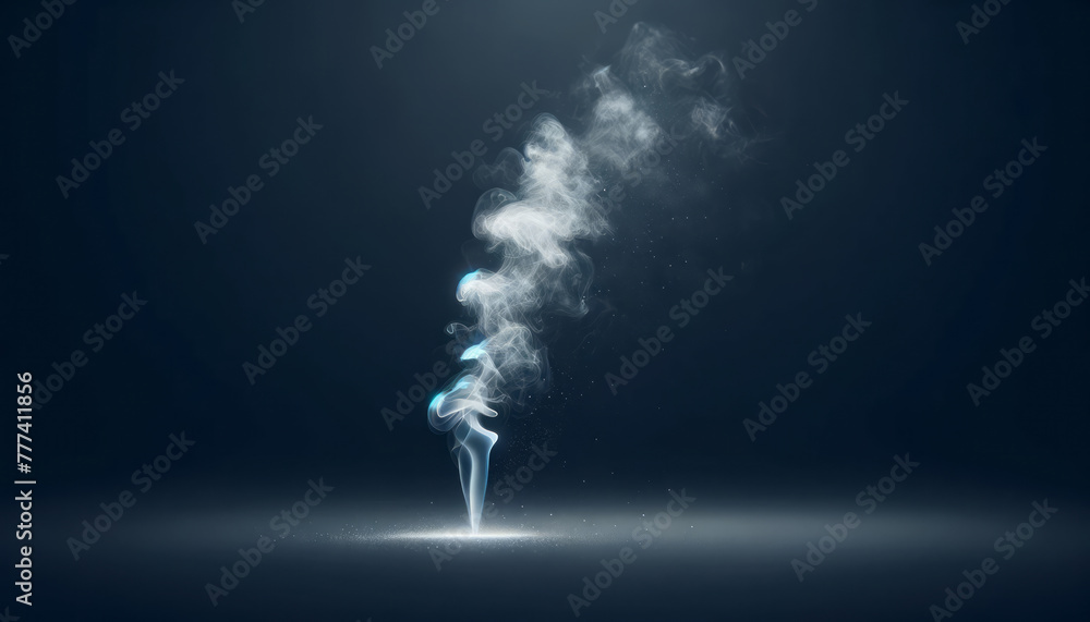 Poster a swirl of smoke with a hint of blue light against a dark background, conveying a mysterious atmosph