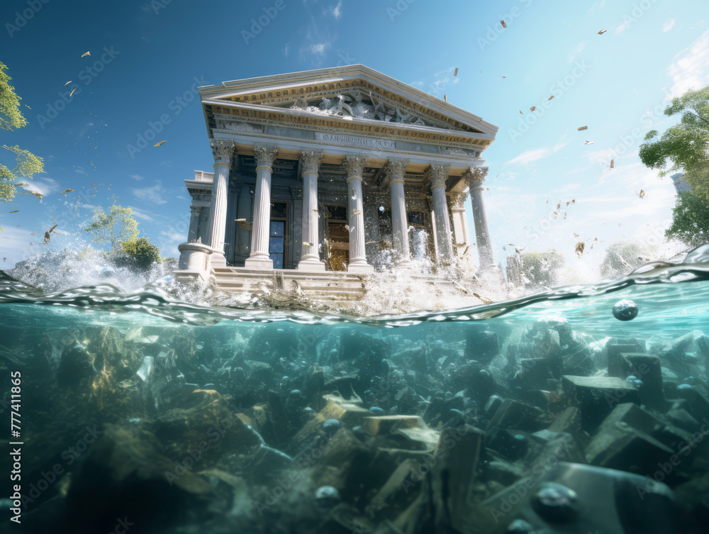 Aufkleber A classical building partially submerged in water with splashes and floating papers, against a clear sky, depicting an underwater concept. Generative AI