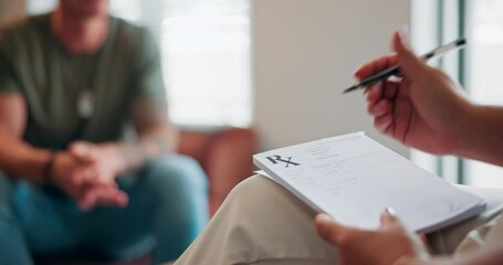 Psychiatry, notes and therapist with prescription for man on sofa for help in ptsd, trauma or stress. Mental health, counselling and veteran on couch for consultation, treatment or medical support