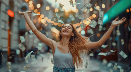 A woman is smiling and throwing money in the air, with many banknotes flying around her. She has sunglasses on her head and stands against an urban background. - obrazy, fototapety, plakaty