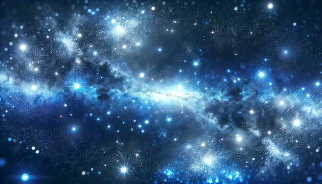 A cosmic scene with glittering stars and nebula, depicted in a digital art style against a dark blue space background, evoking the concept of the universe. Generative AI
