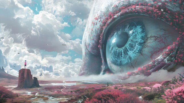 Futuristic Cyberpunk Eye Painting in a Landscape, To provide a striking and imaginative visual for digital art or graphic design projects, showcasing