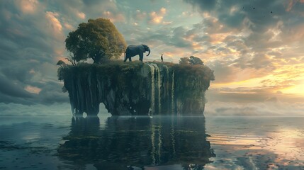 Majestic Elephant on Island with Waterfall, To provide a visually appealing and exotic image of a majestic elephant in a tropical paradise, suitable