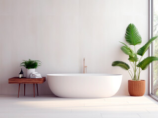 Modern bathroom interior with a freestanding bathtub, wooden sidetable, and large green plants on a light background, concept of tranquility. Generative AI
