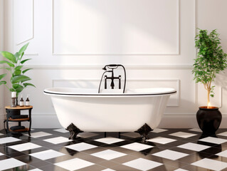 Fototapeta na wymiar A bathtub in a classic bathroom setting, with plant decorations, on a checkered tile floor, concept of luxury interior design. Generative AI