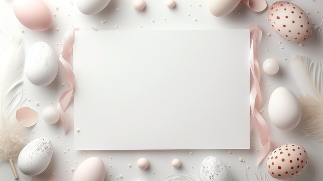 Elegant Easter themed image with eggs, feathers, and copyspace for text