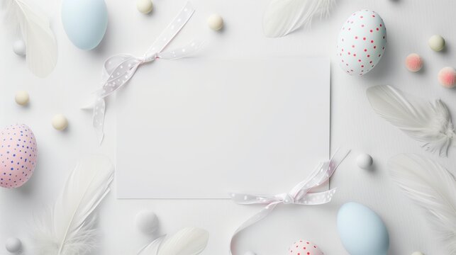 Easter themed image with decorated eggs, feathers, candy, and a blank card