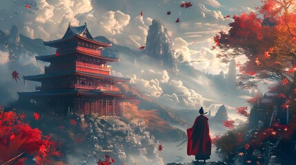 Man in Traditional Garb Sitting Next to Pagoda in Digital Fantasy Landscape, To provide a visually striking and peaceful background for a digital