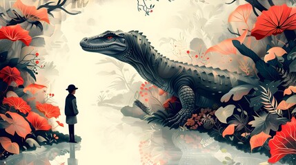Man Standing Near Dinosaur and Crocodile in Jungle Illustration, To provide a unique and captivating visual for use in a variety of contexts, from