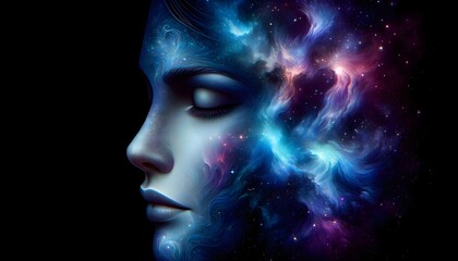 A stunning digital artwork where a woman's profile is seamlessly merged with the vibrant and colorful cosmos, evoking mystery and the universe's beauty.