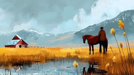Man Walking Horse in Field Illustration, To convey a peaceful and serene atmosphere in a western or rural setting - obrazy, fototapety, plakaty
