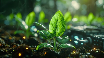 green leaf sprouts growing from the soil and futuristic
