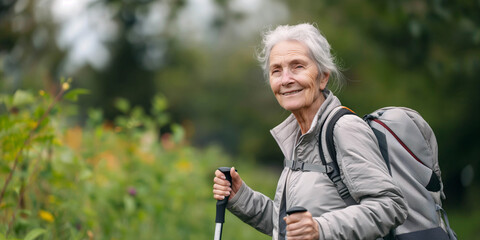 Photo of a beautiful elderly woman doing Nordic walking in a summer park in cloudy weather, advertising banner, active old age