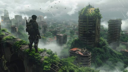 Post-Apocalyptic Cityscape in the Style of The Last of Us, To convey a powerful message of survival, natures resilience, and a dystopian future in a