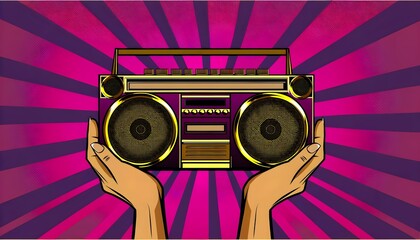 Illustration of hands holding a vintage boombox against a striking pop art striped background.