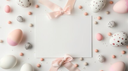 Easter eggs with a blank card and pink ribbon on a neutral background - obrazy, fototapety, plakaty