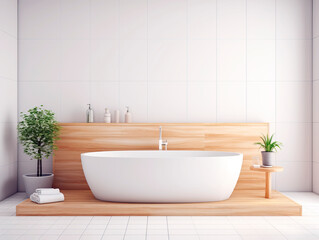 Fototapeta na wymiar Modern bathroom with freestanding bathtub and wooden details on a tiled background, concept of interior design. Generative AI