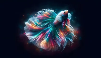 Tuinposter A strikingly colorful betta fish with flowing fins is artfully depicted against a starry, cosmic background in this digital illustration. © GraphzTain