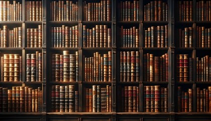 A grand bookshelf filled with rows of antique leather-bound books, exuding a sense of history and scholarly ambiance.